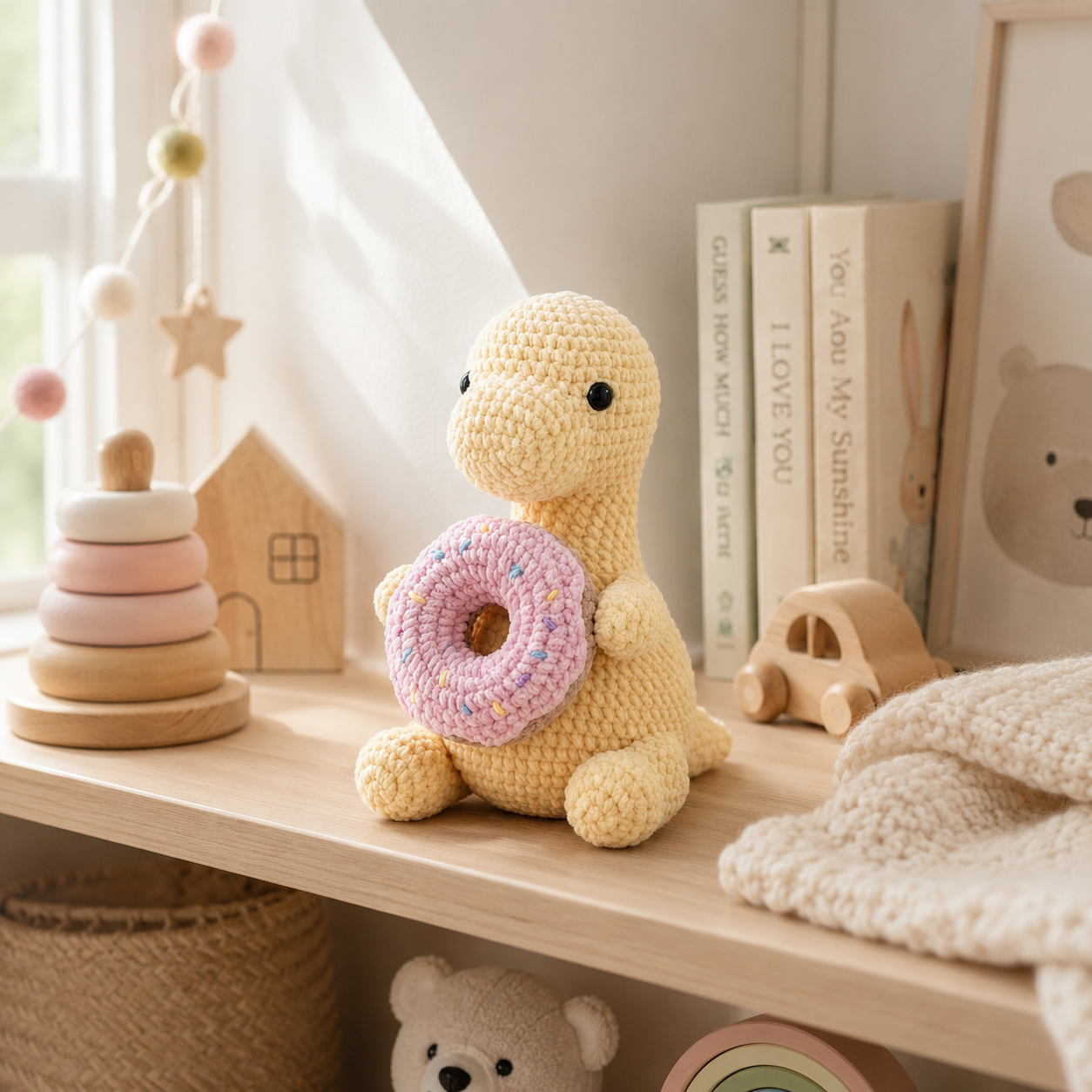 Handmade Crochet Yellow Dinosaur with Pink Donut - Soft Amigurumi Toy & Desk Decor