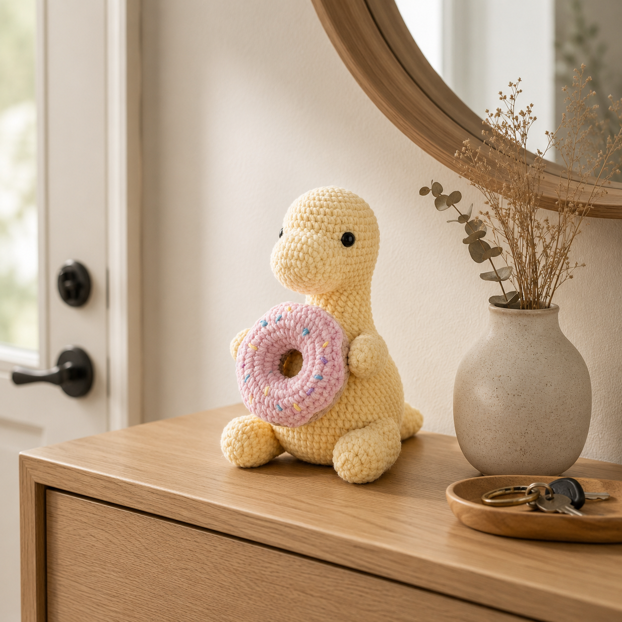 Handmade Crochet Yellow Dinosaur with Pink Donut - Soft Amigurumi Toy & Desk Decor