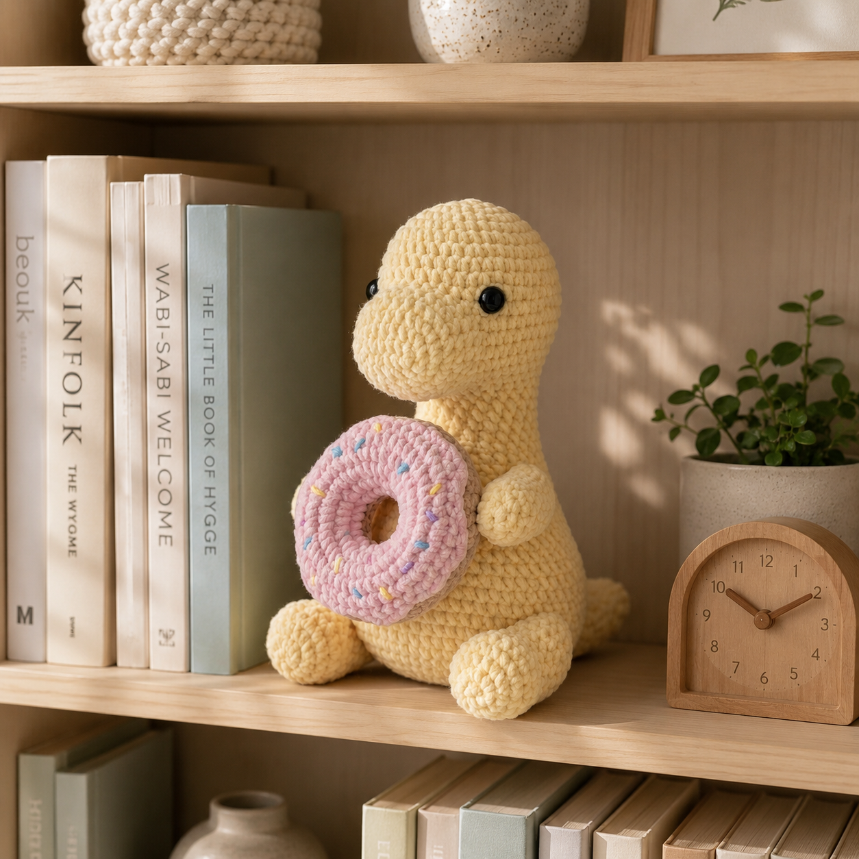Handmade Crochet Yellow Dinosaur with Pink Donut - Soft Amigurumi Toy & Desk Decor