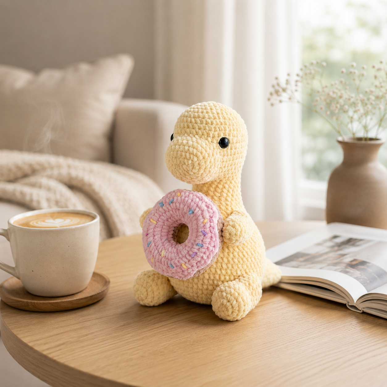 Handmade Crochet Yellow Dinosaur with Pink Donut - Soft Amigurumi Toy & Desk Decor