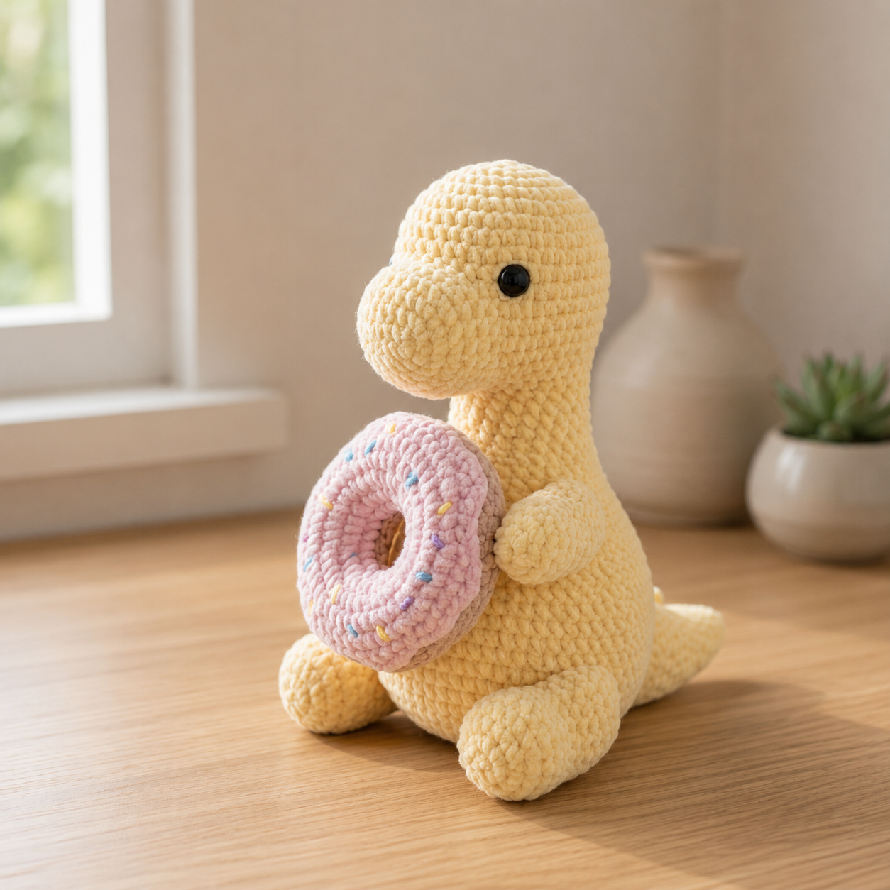 Handmade Crochet Yellow Dinosaur with Pink Donut - Soft Amigurumi Toy & Desk Decor