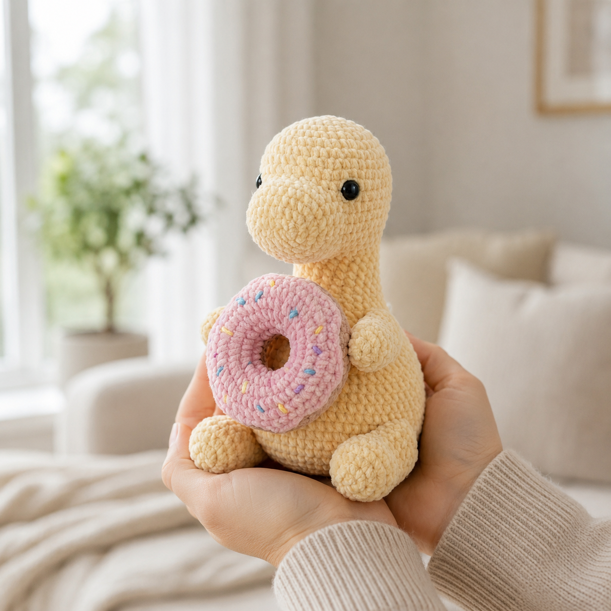 Handmade Crochet Yellow Dinosaur with Pink Donut - Soft Amigurumi Toy & Desk Decor