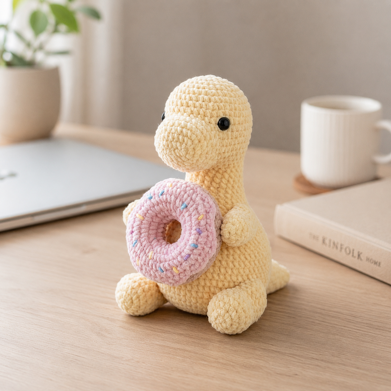 Handmade Crochet Yellow Dinosaur with Pink Donut - Soft Amigurumi Toy & Desk Decor
