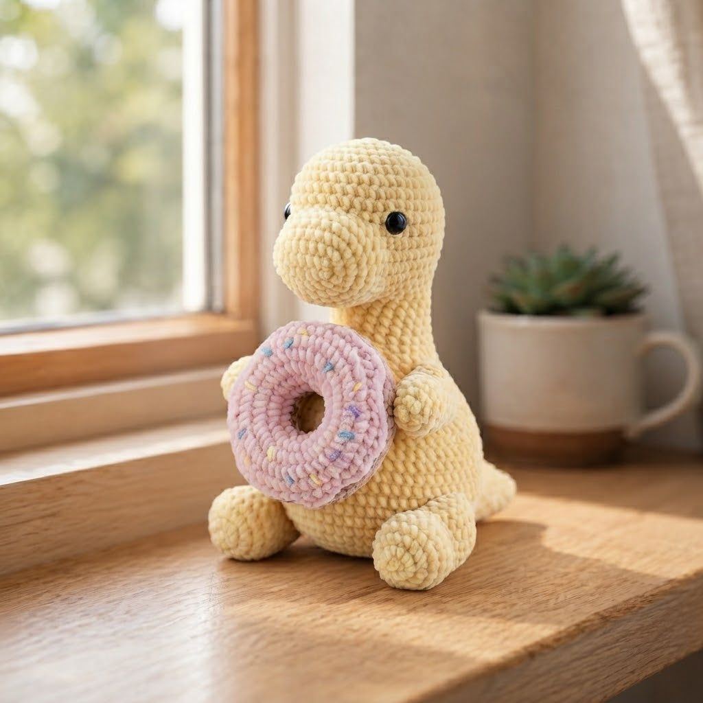 Handmade Crochet Yellow Dinosaur with Pink Donut - Soft Amigurumi Toy & Desk Decor