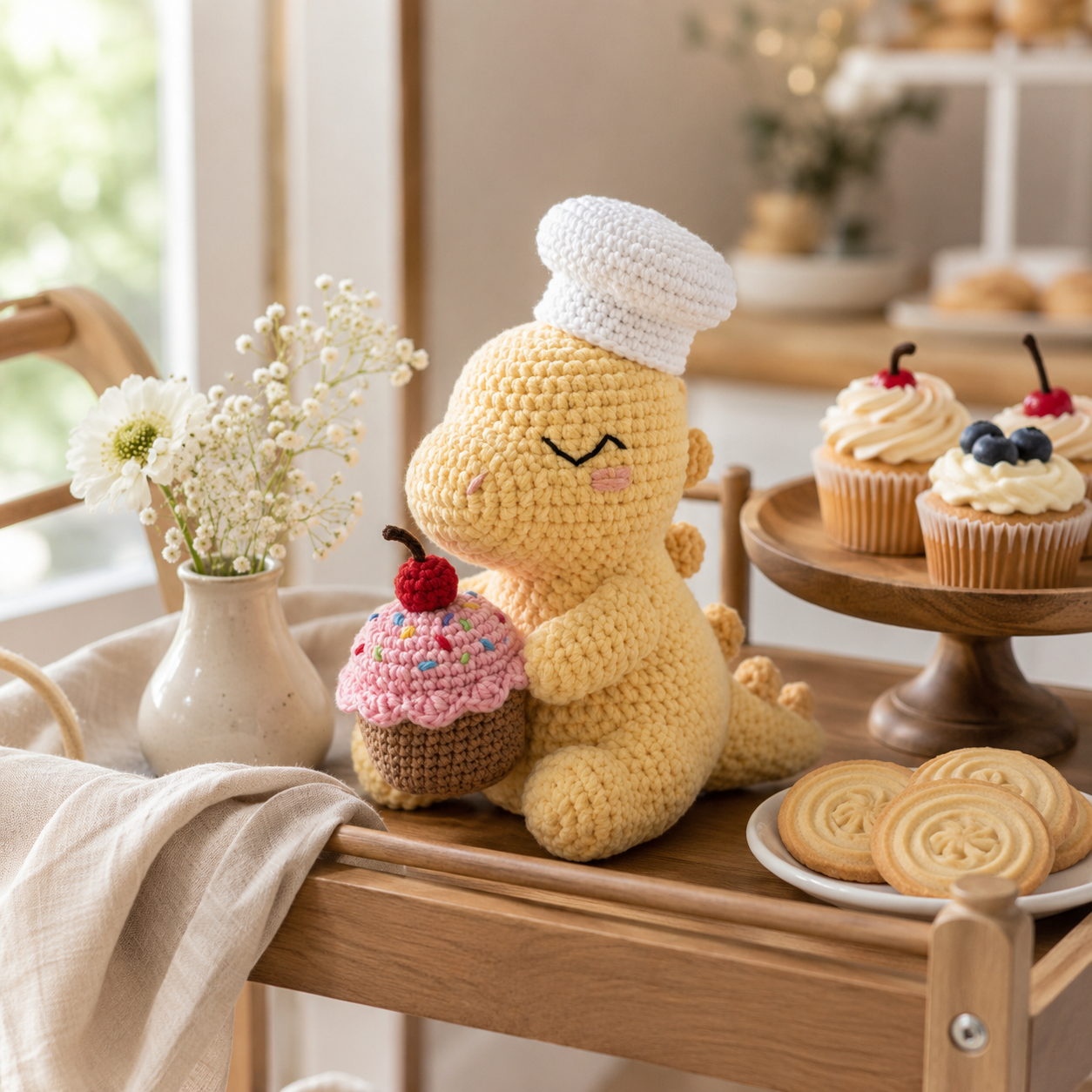 Handmade Crochet Chef Dinosaur with Cupcake - Cute Amigurumi Toy & Kitchen Decor
