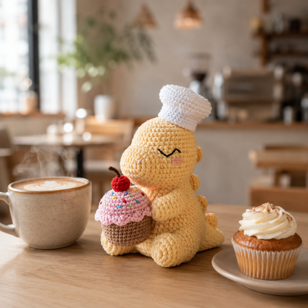 Handmade Crochet Chef Dinosaur with Cupcake - Cute Amigurumi Toy & Kitchen Decor