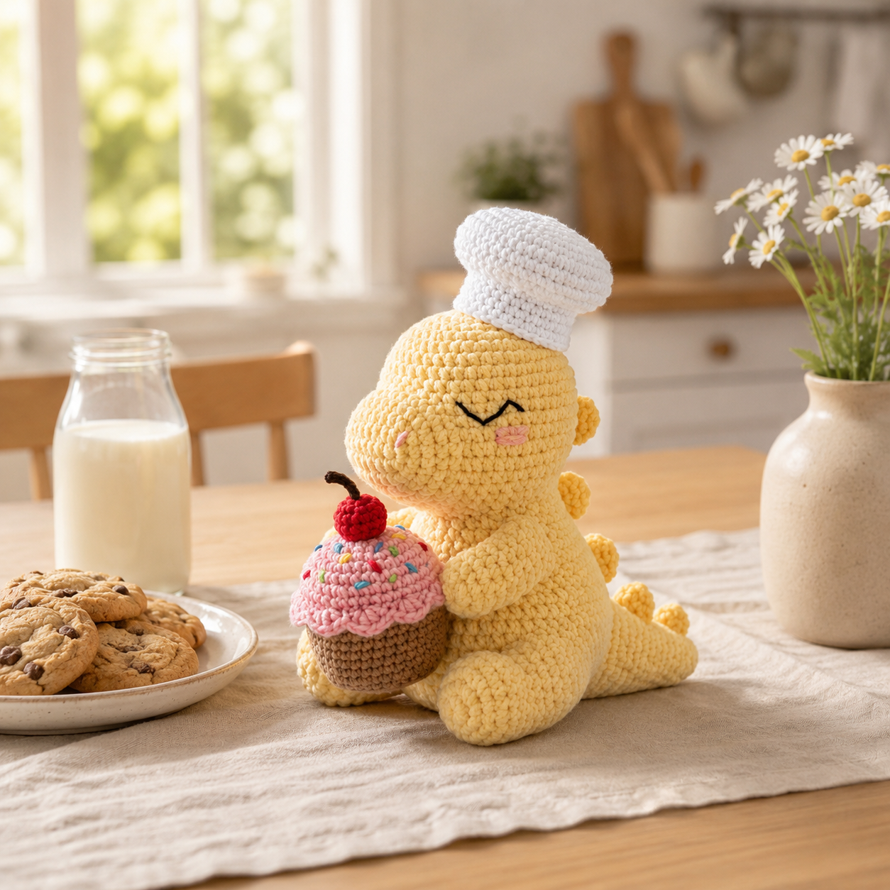 Handmade Crochet Chef Dinosaur with Cupcake - Cute Amigurumi Toy & Kitchen Decor