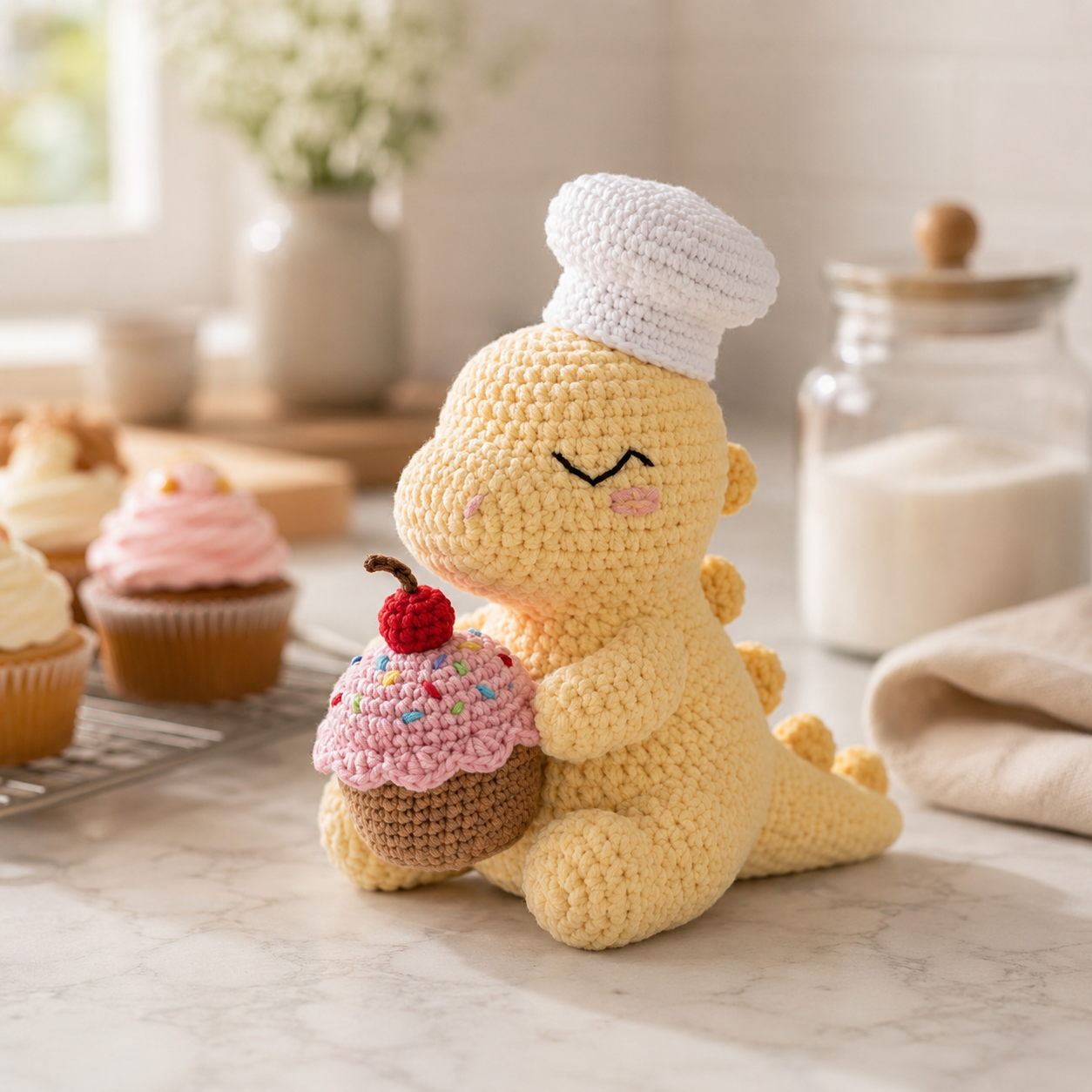 Handmade Crochet Chef Dinosaur with Cupcake - Cute Amigurumi Toy & Kitchen Decor