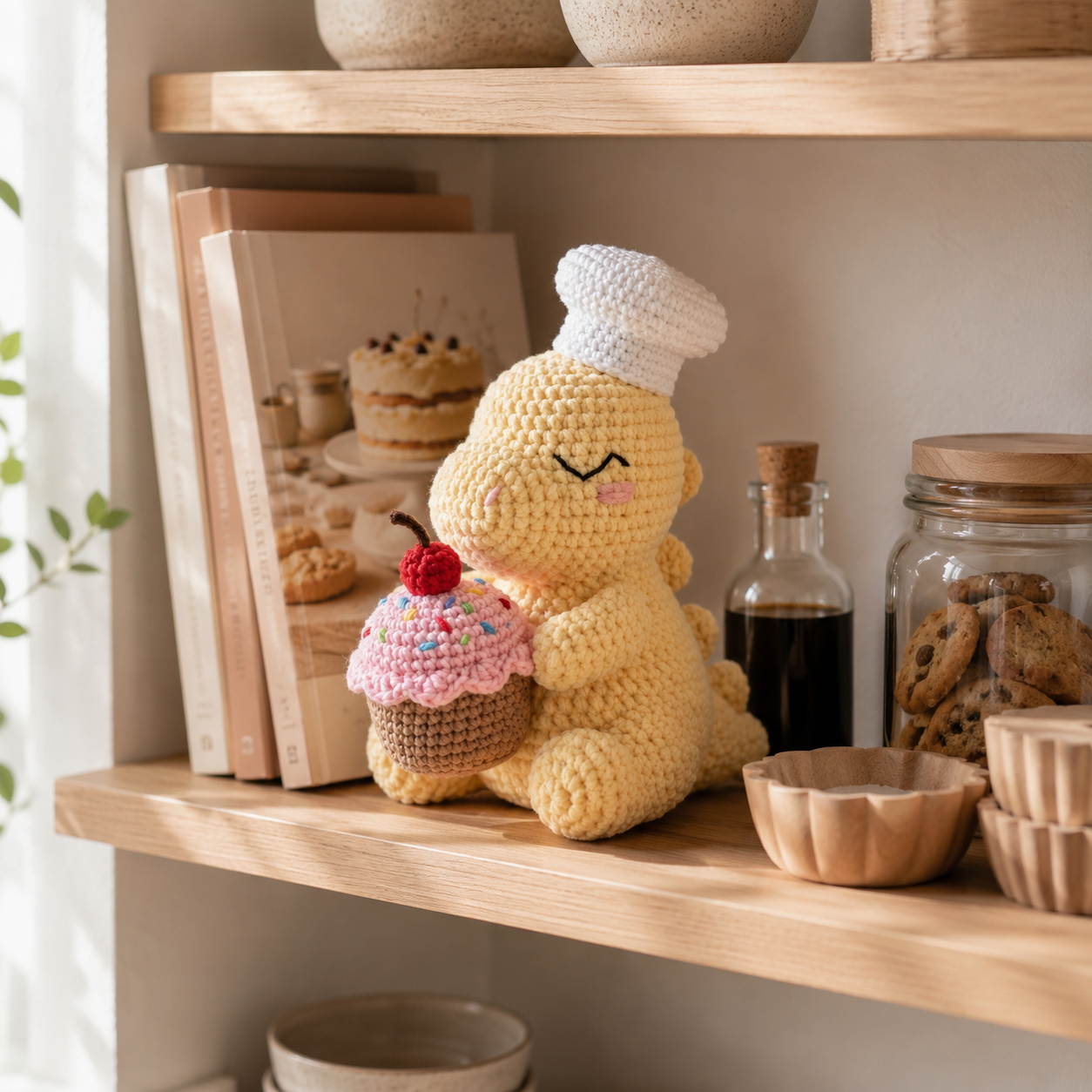 Handmade Crochet Chef Dinosaur with Cupcake - Cute Amigurumi Toy & Kitchen Decor