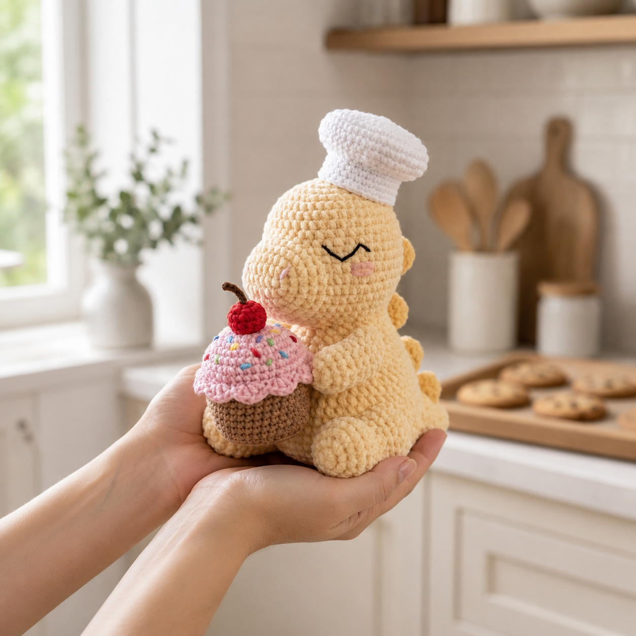 Handmade Crochet Chef Dinosaur with Cupcake - Cute Amigurumi Toy & Kitchen Decor