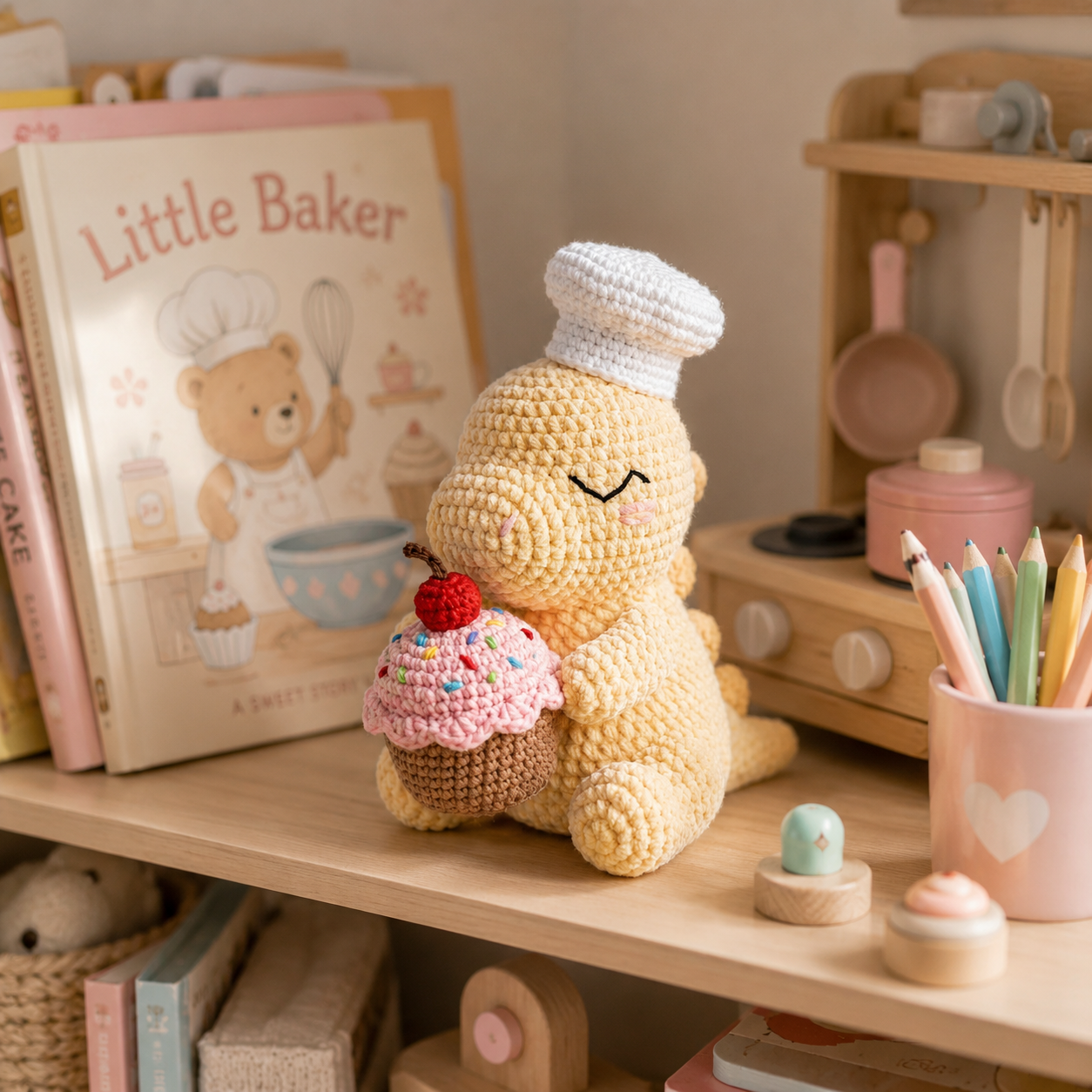Handmade Crochet Chef Dinosaur with Cupcake - Cute Amigurumi Toy & Kitchen Decor