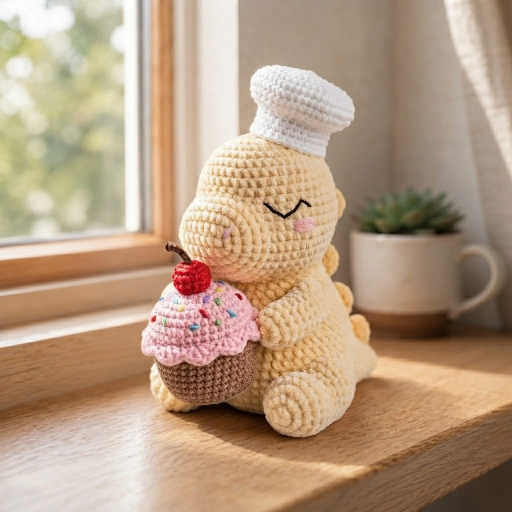Handmade Crochet Chef Dinosaur with Cupcake - Cute Amigurumi Toy & Kitchen Decor