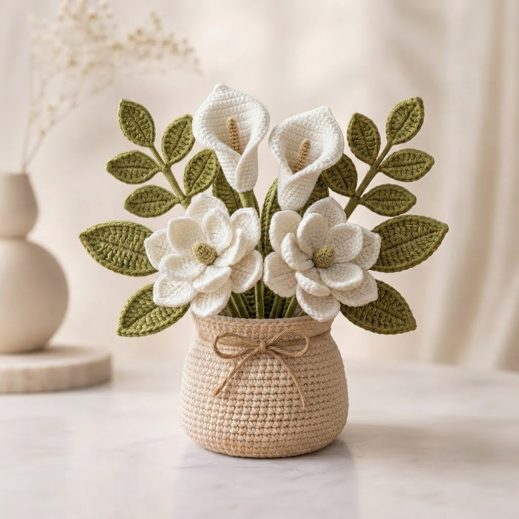 Handmade Crochet Calla Lily & Magnolia Flower Vase – Elegant Home Decor Gift