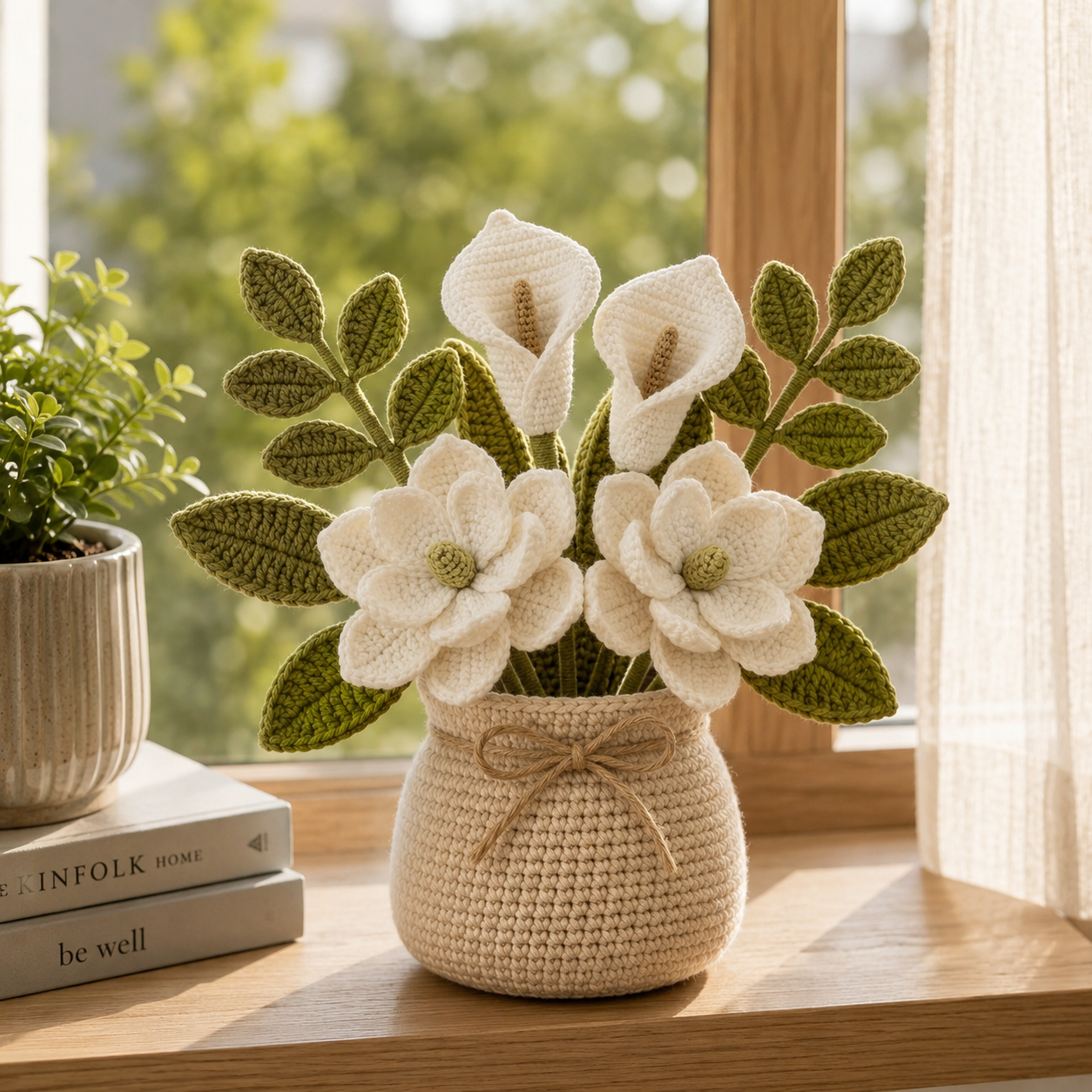 Handmade Crochet Calla Lily & Magnolia Flower Vase – Elegant Home Decor Gift