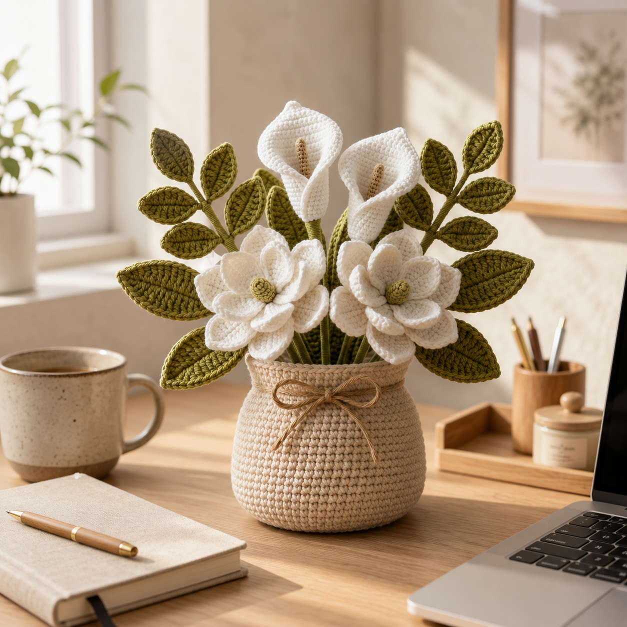 Handmade Crochet Calla Lily & Magnolia Flower Vase – Elegant Home Decor Gift