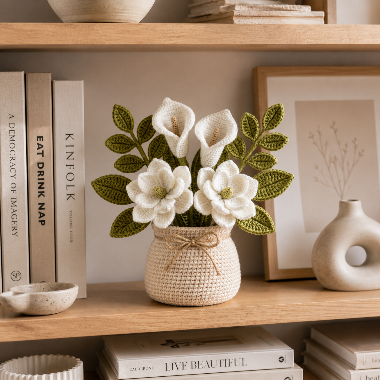 Handmade Crochet Calla Lily & Magnolia Flower Vase – Elegant Home Decor Gift