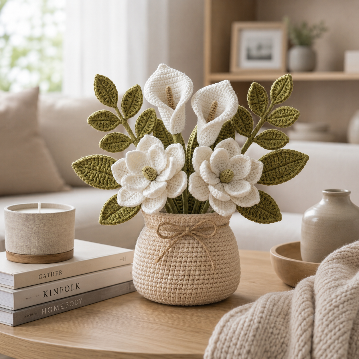 Handmade Crochet Calla Lily & Magnolia Flower Vase – Elegant Home Decor Gift