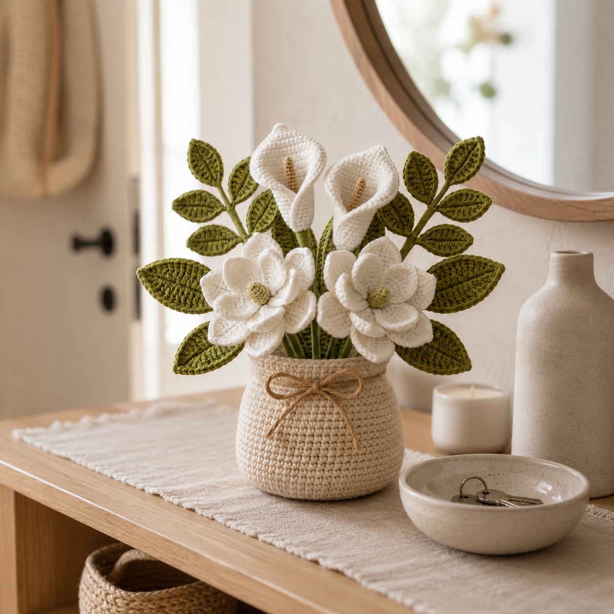 Handmade Crochet Calla Lily & Magnolia Flower Vase – Elegant Home Decor Gift