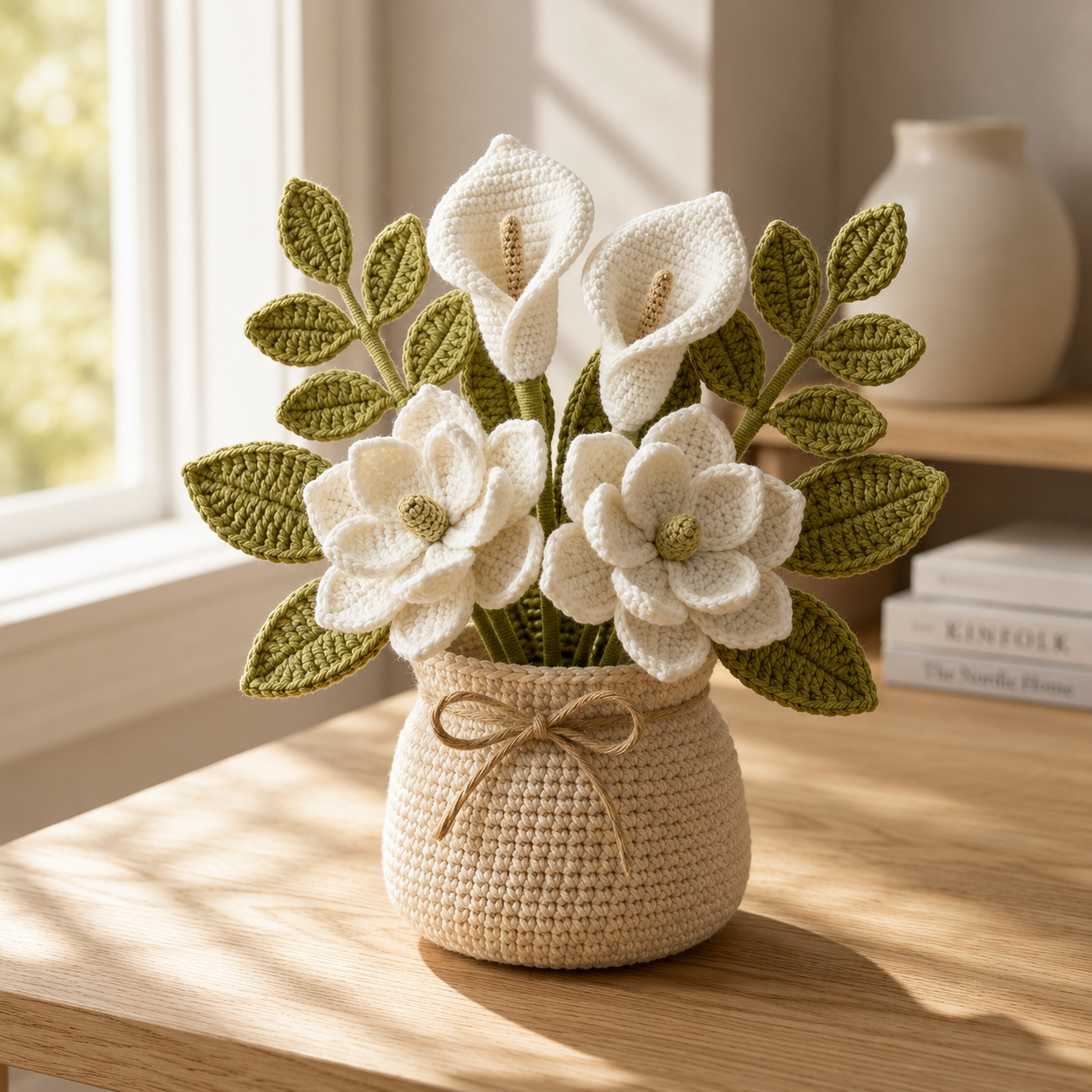 Handmade Crochet Calla Lily & Magnolia Flower Vase – Elegant Home Decor Gift