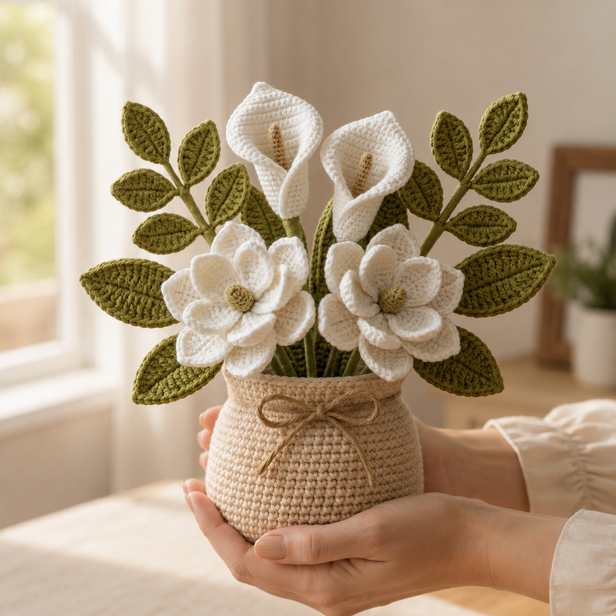 Handmade Crochet Calla Lily & Magnolia Flower Vase – Elegant Home Decor Gift