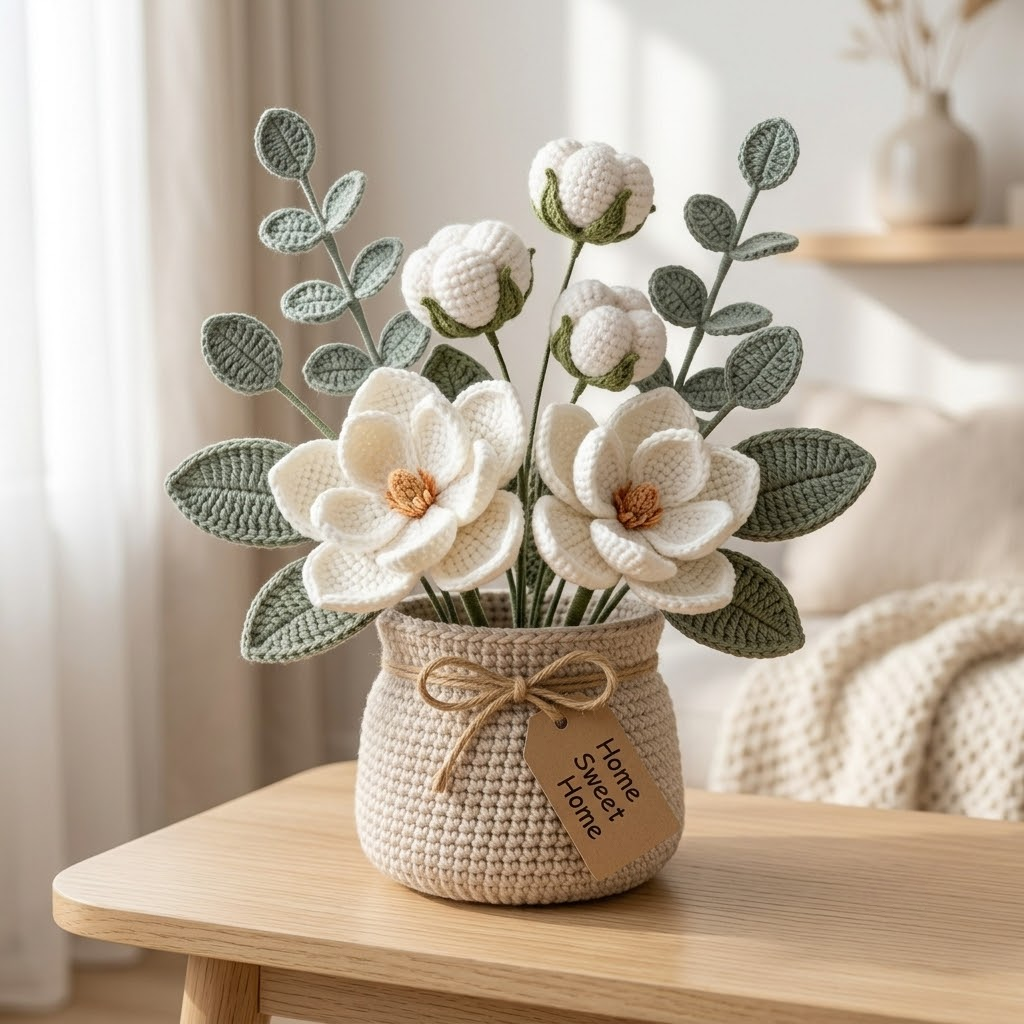 Crochet Magnolia Flower Basket – Handmade Cotton Floral Arrangement