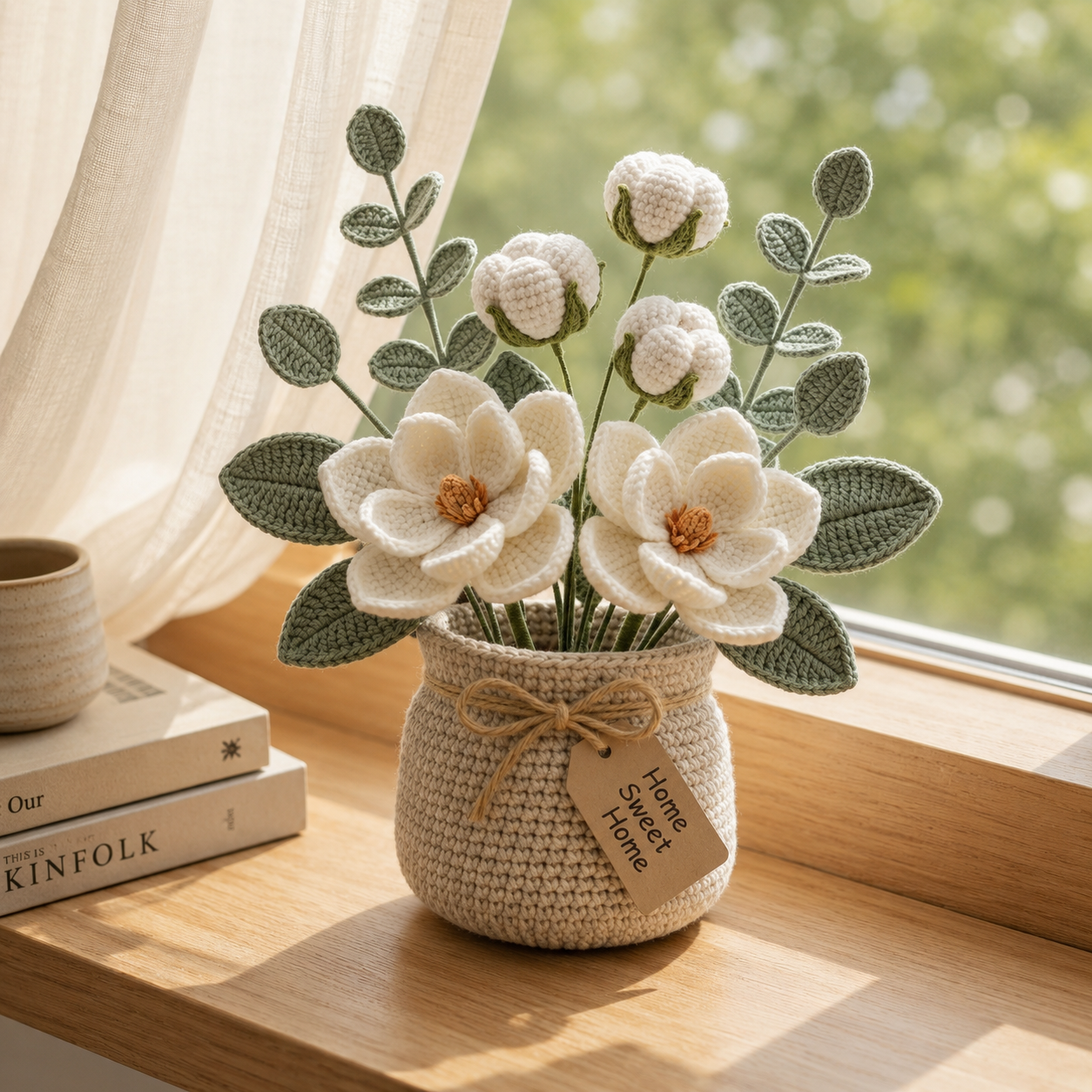 Crochet Magnolia Flower Basket – Handmade Cotton Floral Arrangement