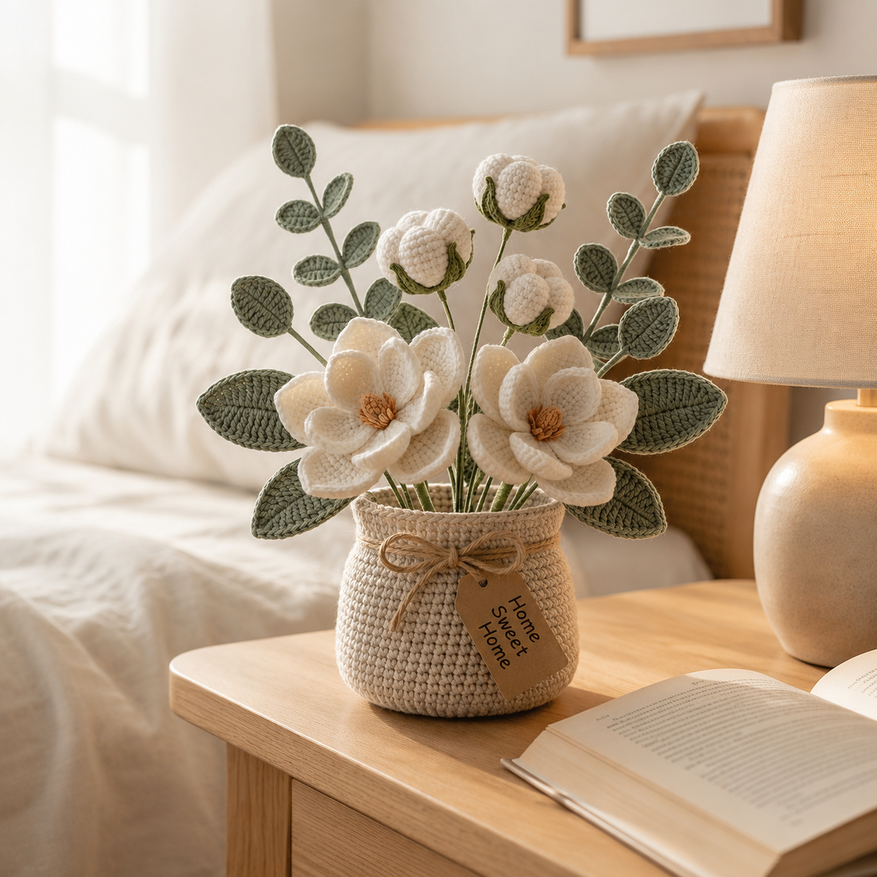 Crochet Magnolia Flower Basket – Handmade Cotton Floral Arrangement