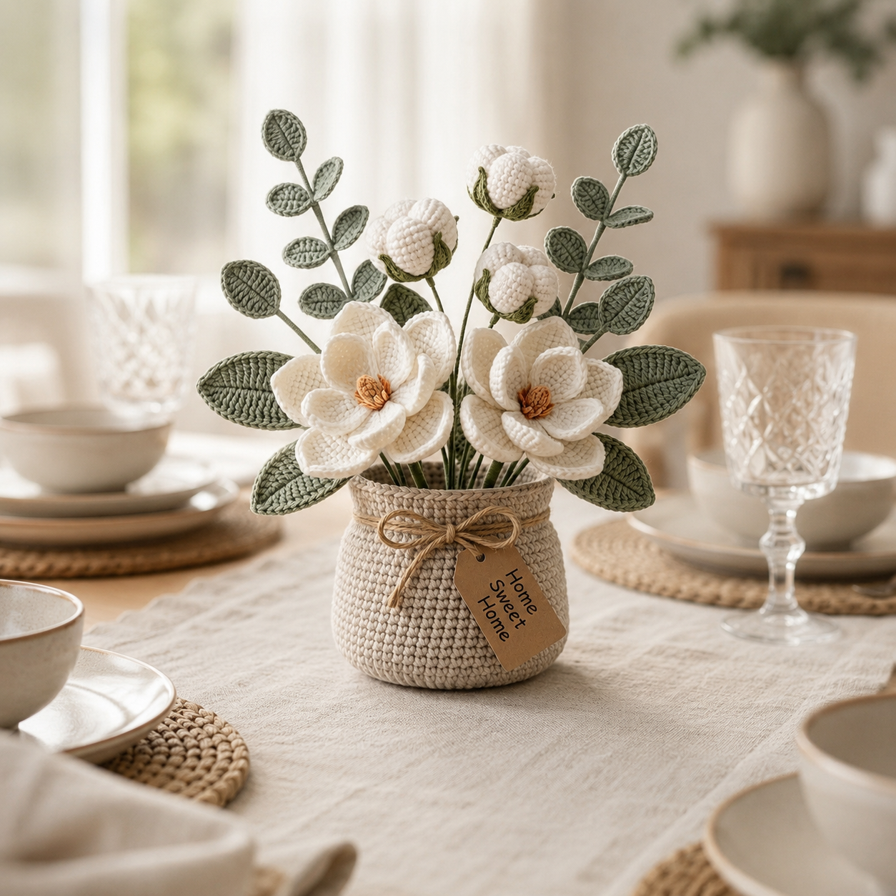 Crochet Magnolia Flower Basket – Handmade Cotton Floral Arrangement