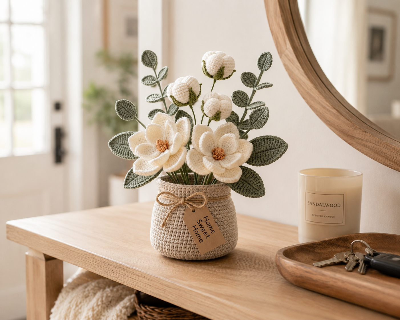 Crochet Magnolia Flower Basket – Handmade Cotton Floral Arrangement