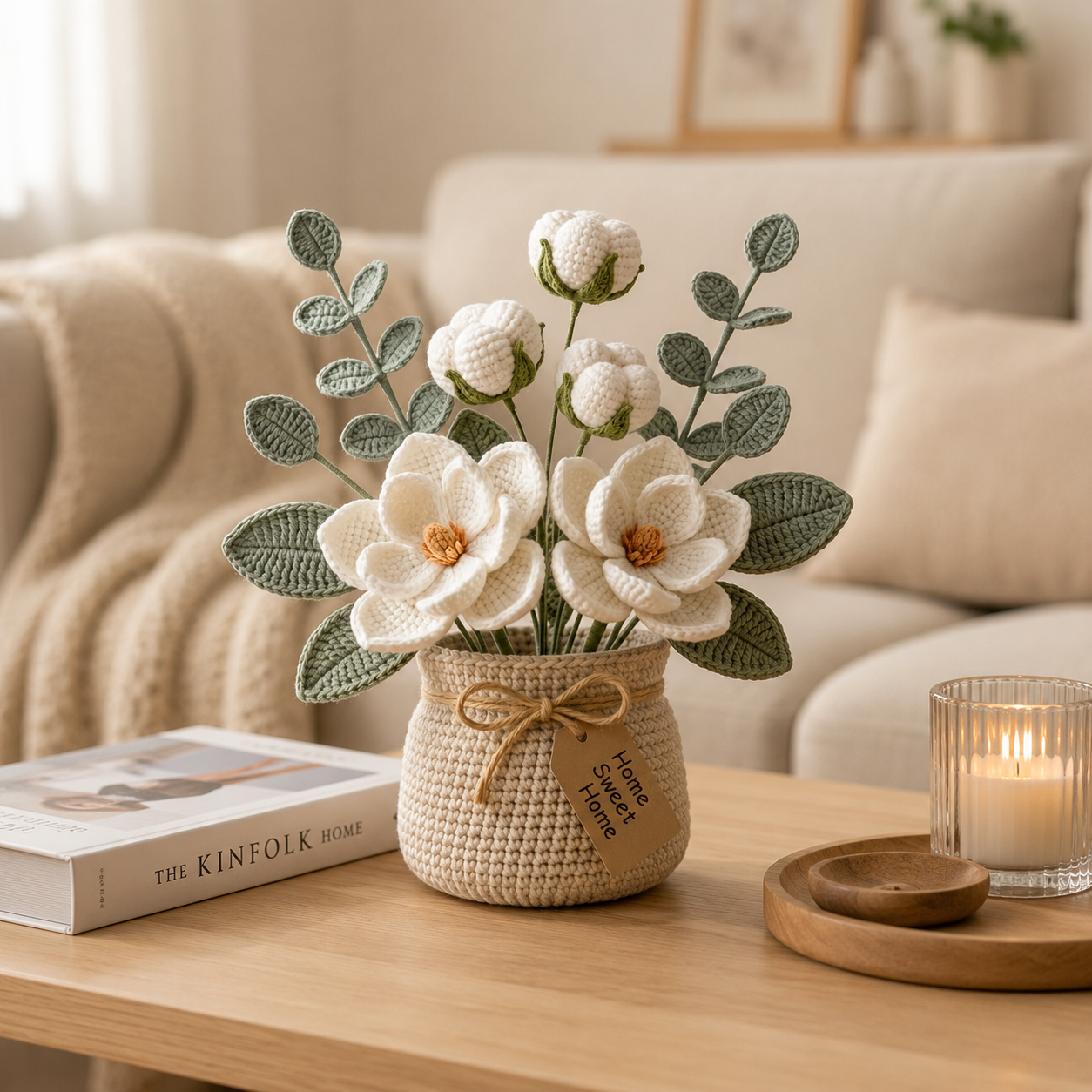 Crochet Magnolia Flower Basket – Handmade Cotton Floral Arrangement