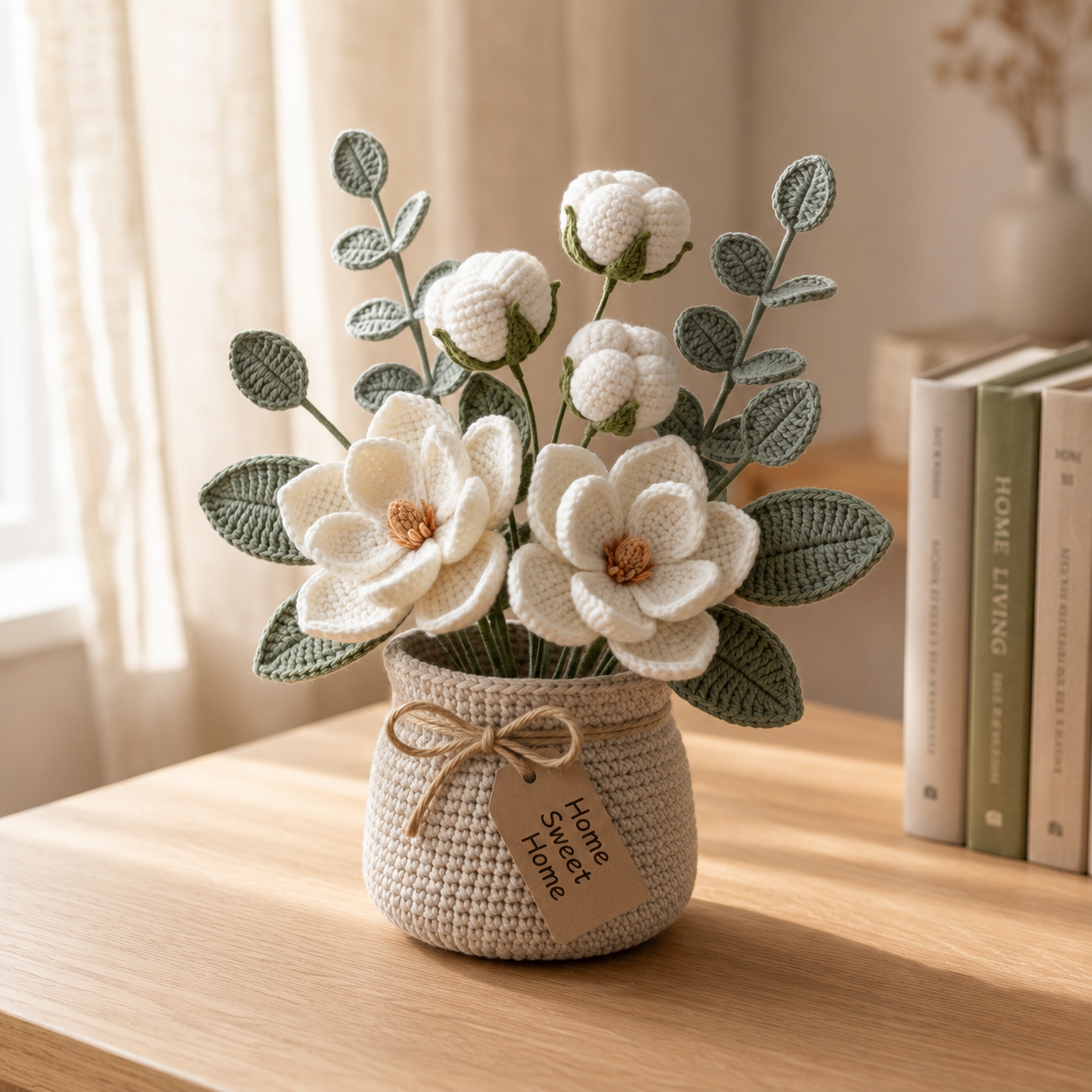 Crochet Magnolia Flower Basket – Handmade Cotton Floral Arrangement