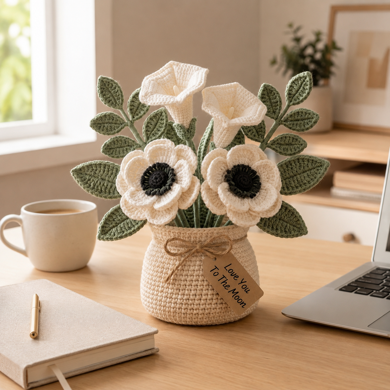 Handmade Crochet White Flower Bouquet in Pot - Everlasting Amigurumi Floral Decor