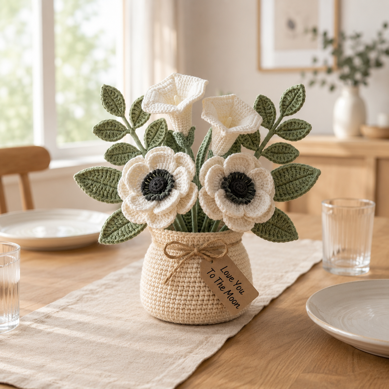 Handmade Crochet White Flower Bouquet in Pot - Everlasting Amigurumi Floral Decor