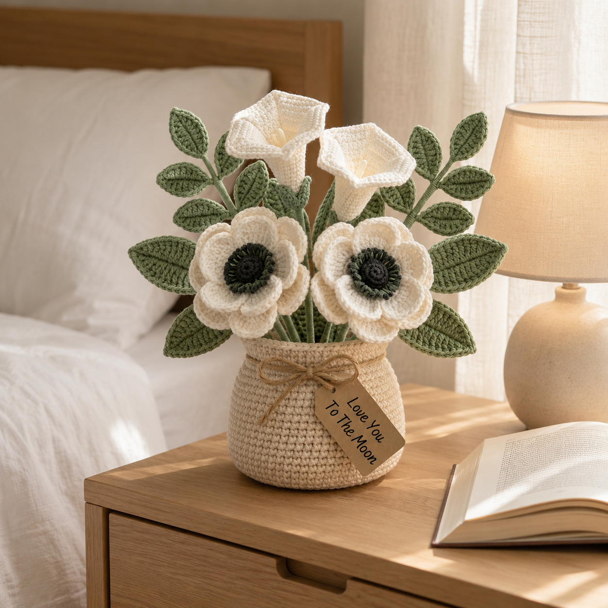 Handmade Crochet White Flower Bouquet in Pot - Everlasting Amigurumi Floral Decor