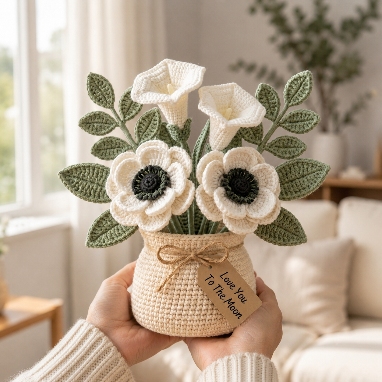 Handmade Crochet White Flower Bouquet in Pot - Everlasting Amigurumi Floral Decor