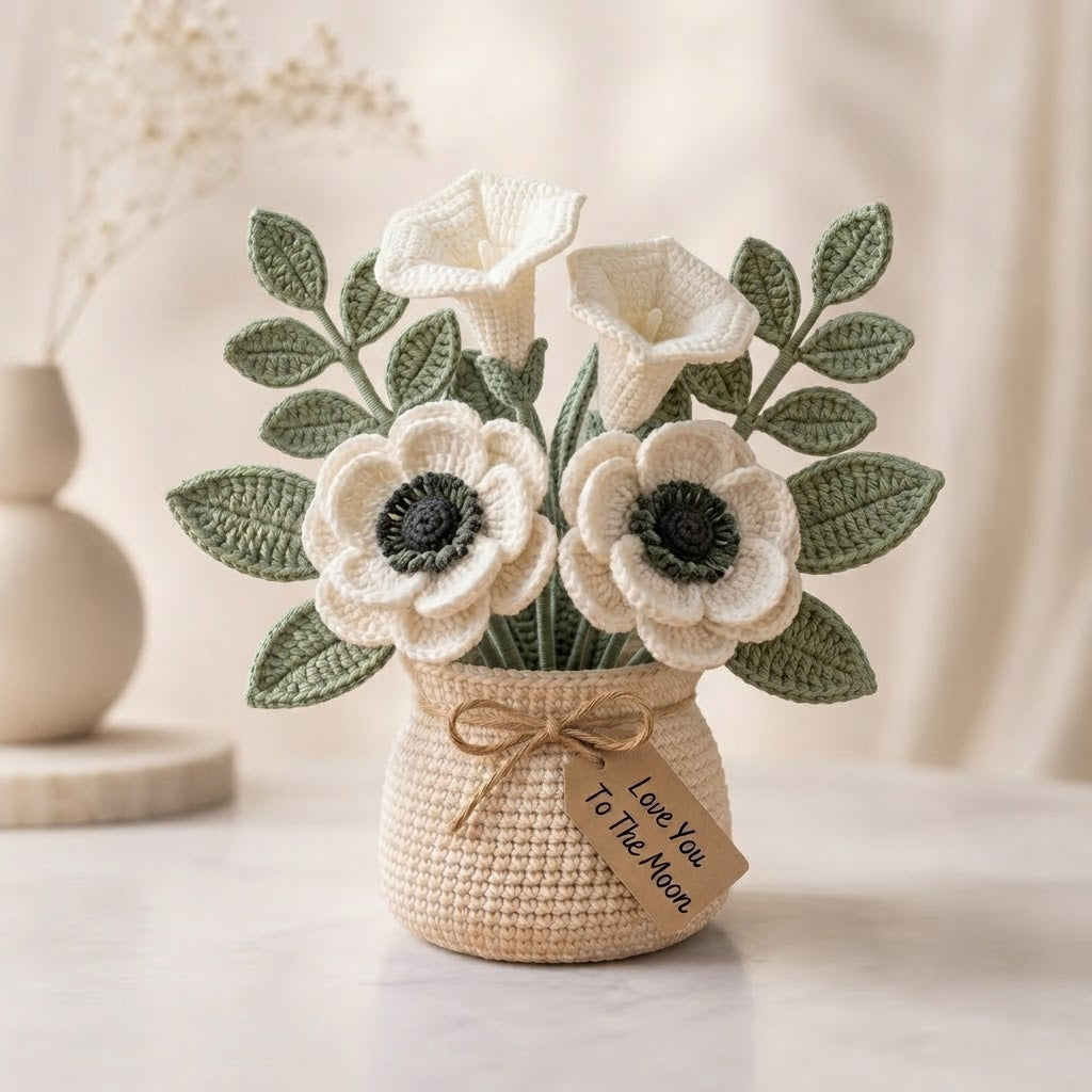 Handmade Crochet White Flower Bouquet in Pot - Everlasting Amigurumi Floral Decor