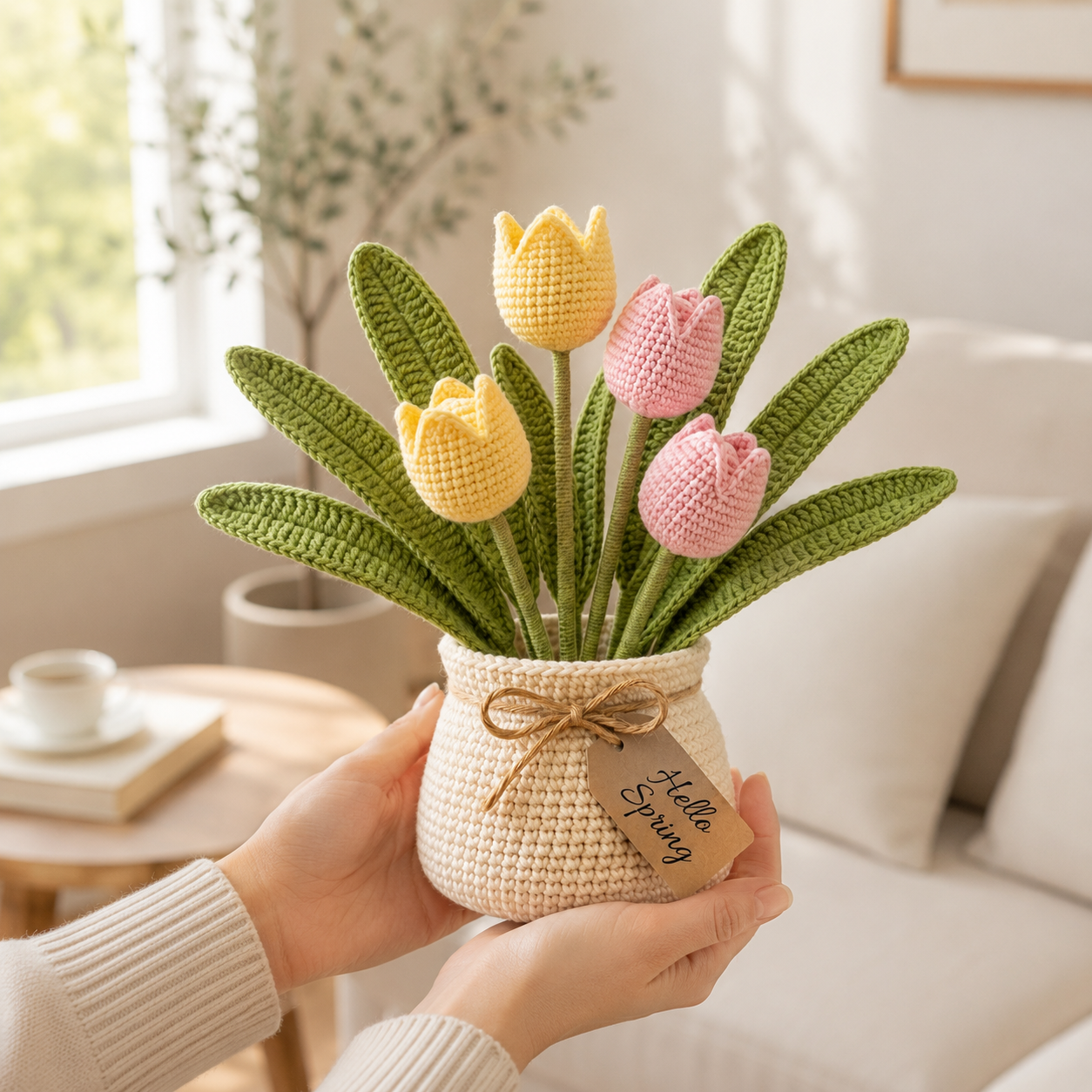 Handmade Crochet Tulip Bouquet in Pot | Everlasting Amigurumi Spring Floral Decor