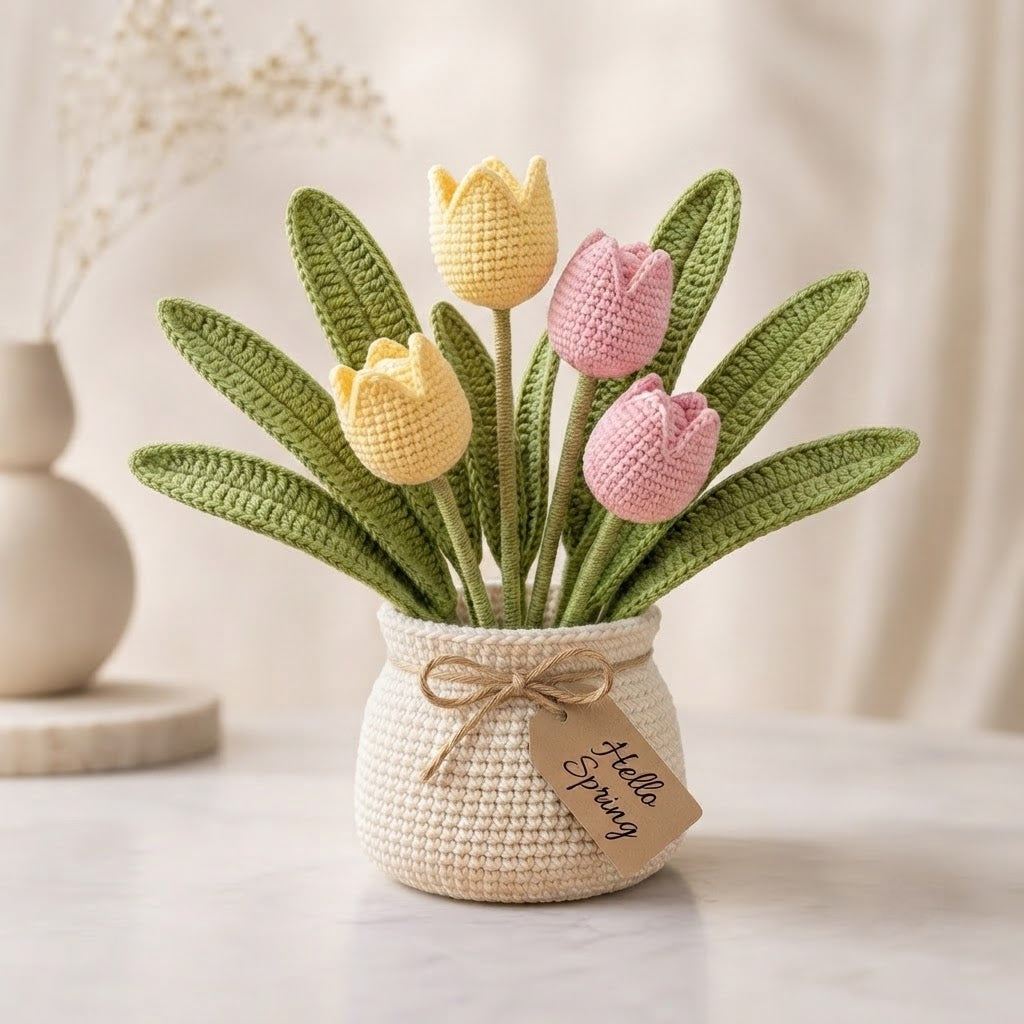 Handmade Crochet Tulip Bouquet in Pot | Everlasting Amigurumi Spring Floral Decor