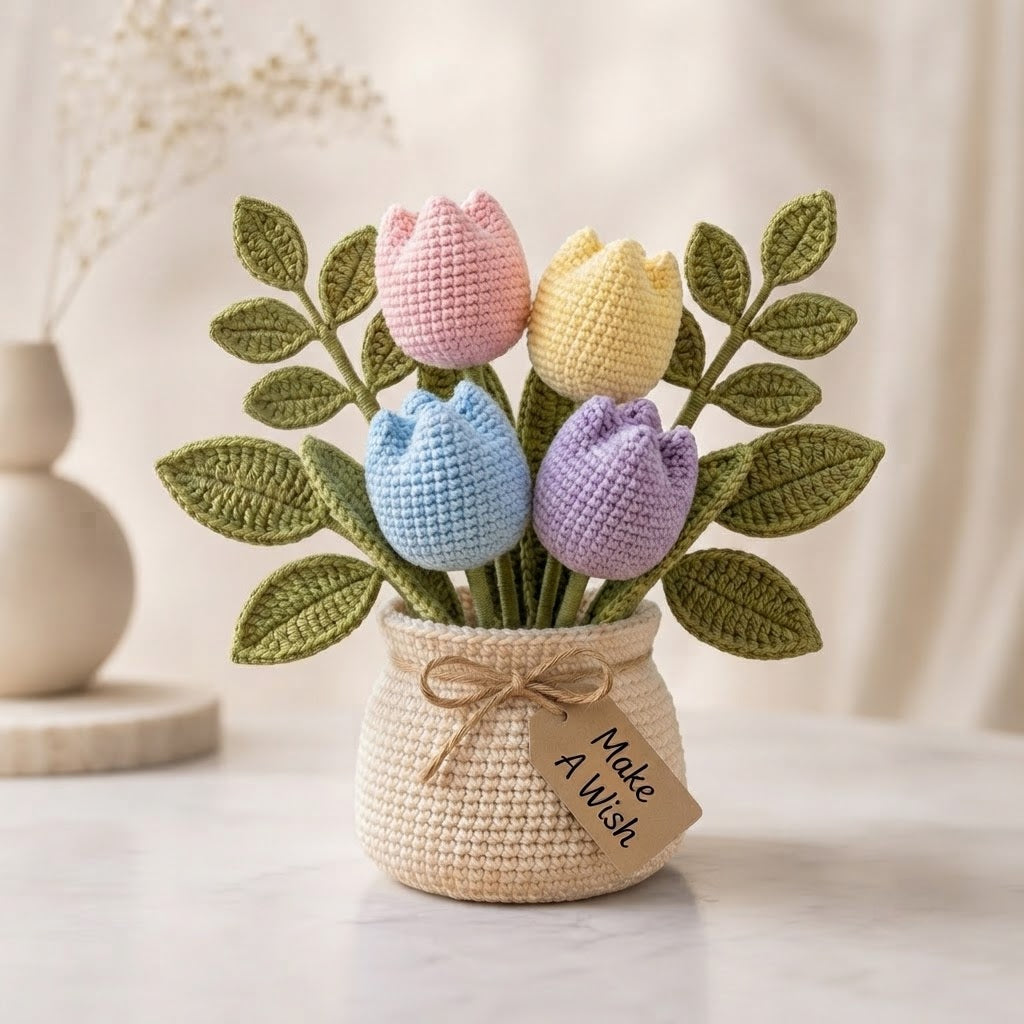 Handmade Crochet Pink Tulip Flower Pot – Cute Gift for Her & Home Decor