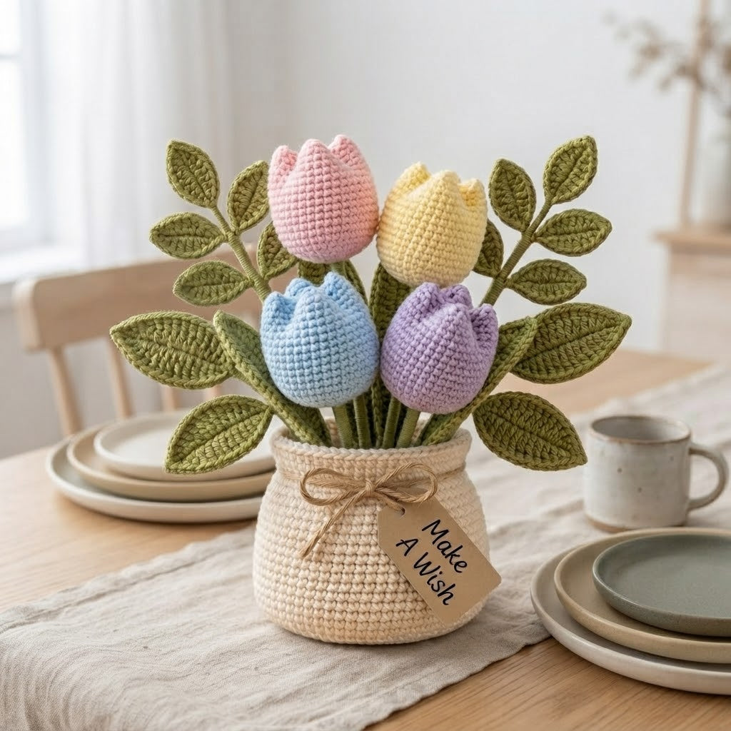 Handmade Crochet Pink Tulip Flower Pot – Cute Gift for Her & Home Decor