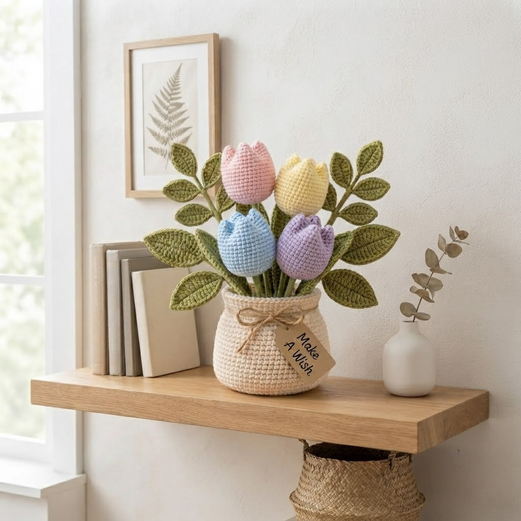 Handmade Crochet Pink Tulip Flower Pot – Cute Gift for Her & Home Decor