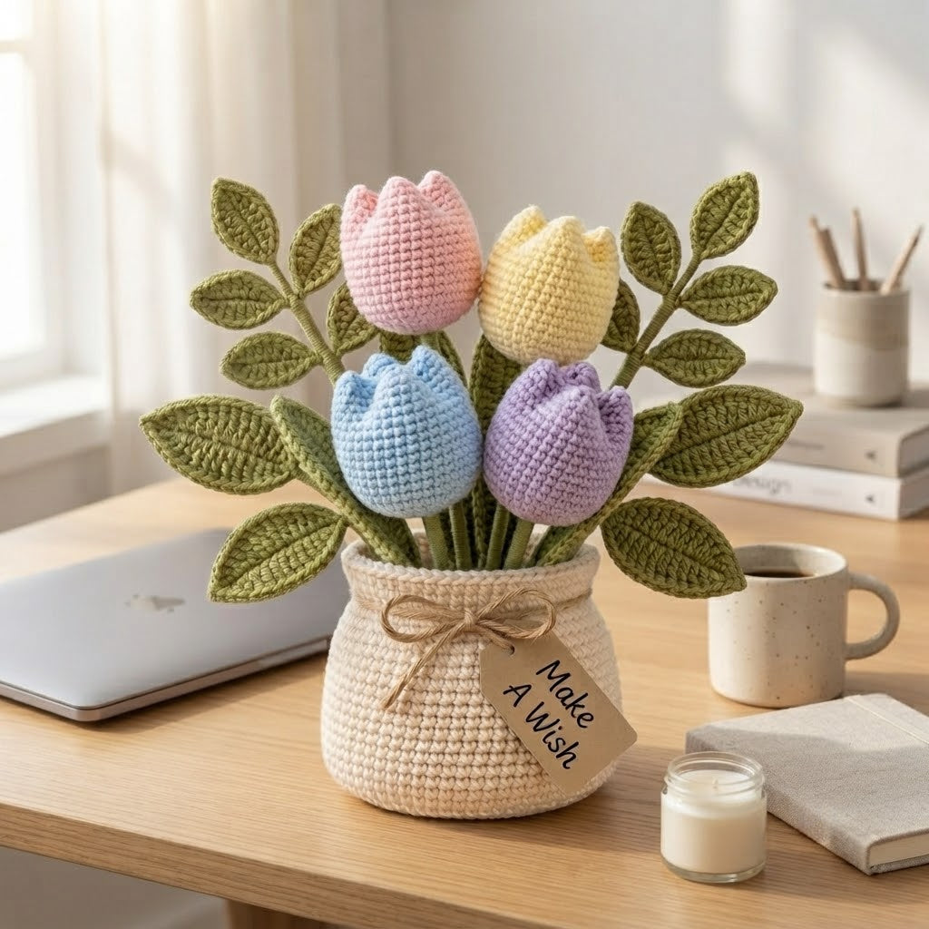 Handmade Crochet Pink Tulip Flower Pot – Cute Gift for Her & Home Decor