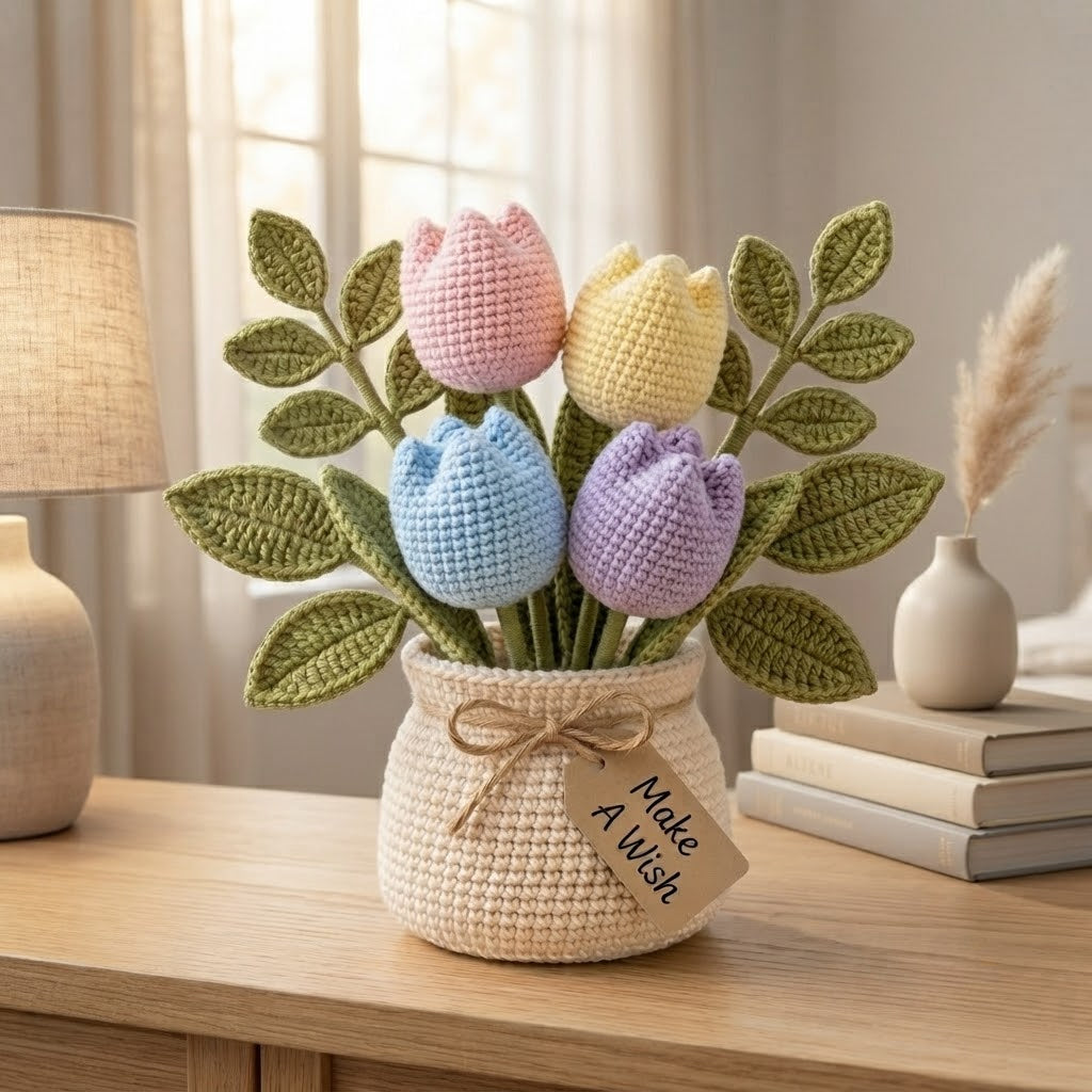 Handmade Crochet Pink Tulip Flower Pot – Cute Gift for Her & Home Decor