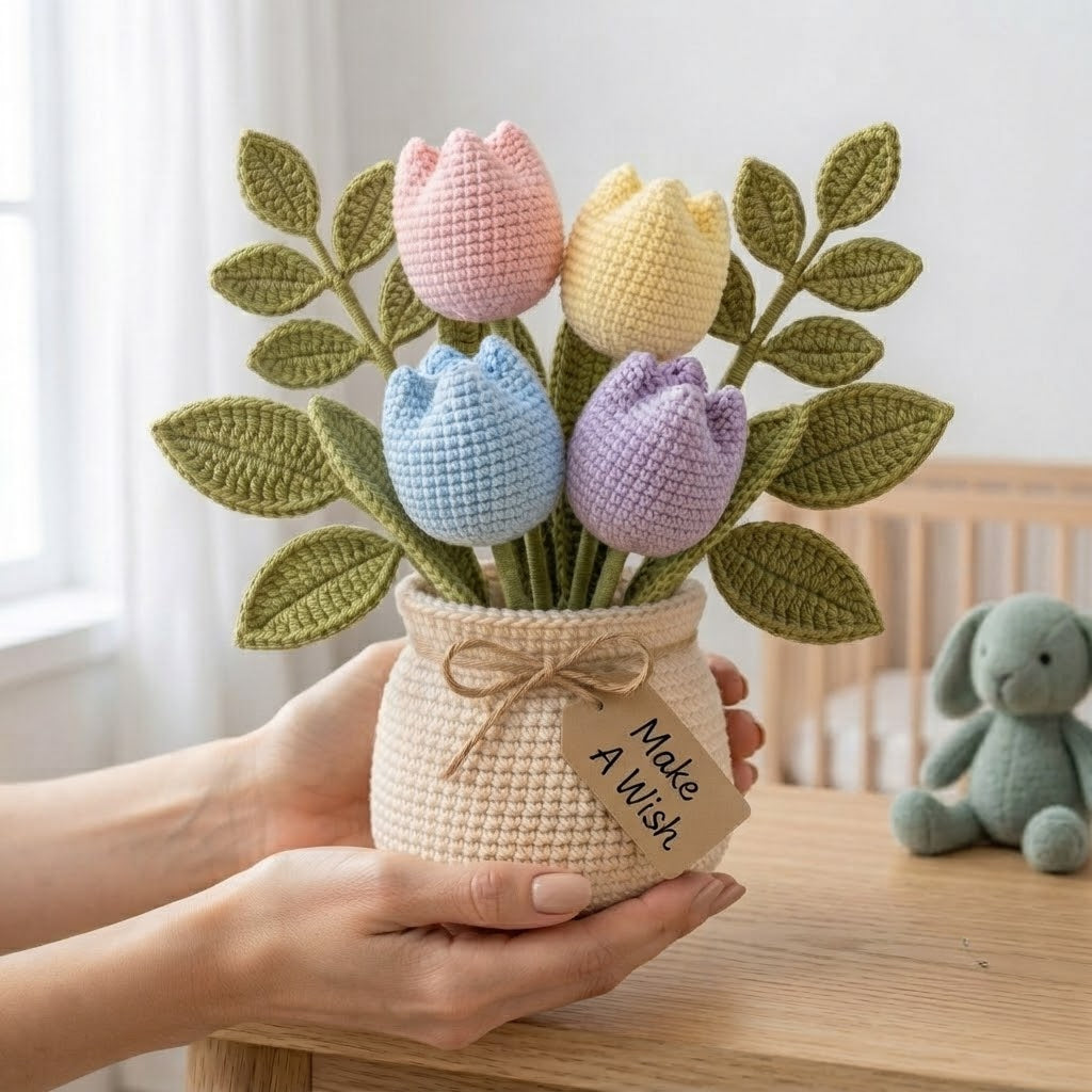 Handmade Crochet Pink Tulip Flower Pot – Cute Gift for Her & Home Decor