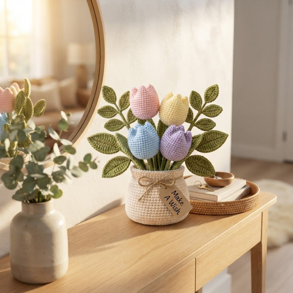 Handmade Crochet Pink Tulip Flower Pot – Cute Gift for Her & Home Decor