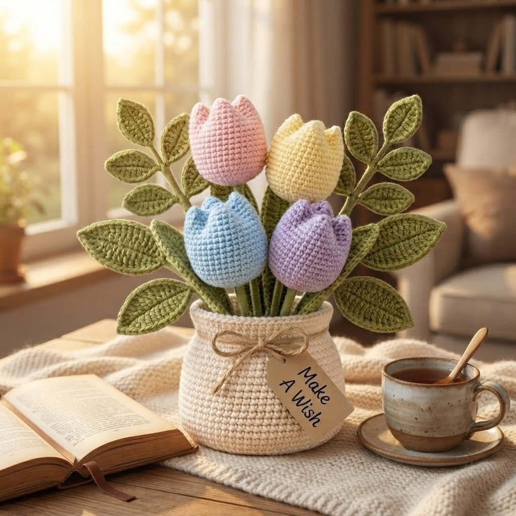 Handmade Crochet Pink Tulip Flower Pot – Cute Gift for Her & Home Decor