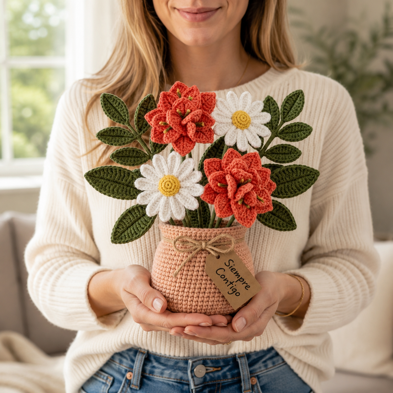 Handmade Crochet Coral Flower and Daisy Bouquet in Pot | Everlasting Floral Decor