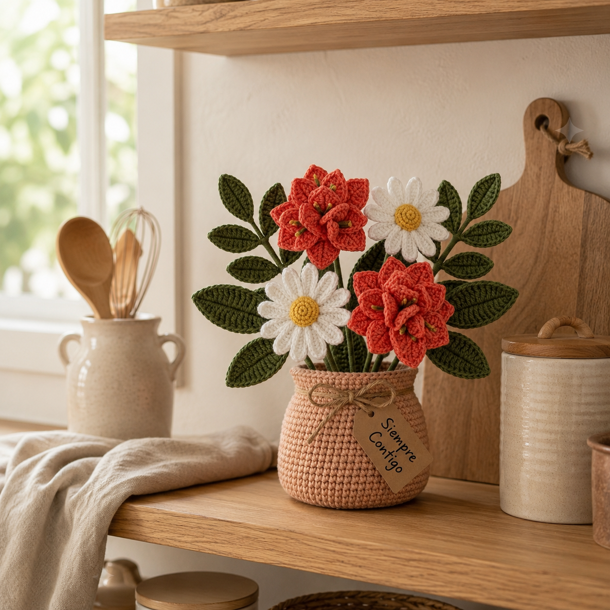 Handmade Crochet Coral Flower and Daisy Bouquet in Pot | Everlasting Floral Decor