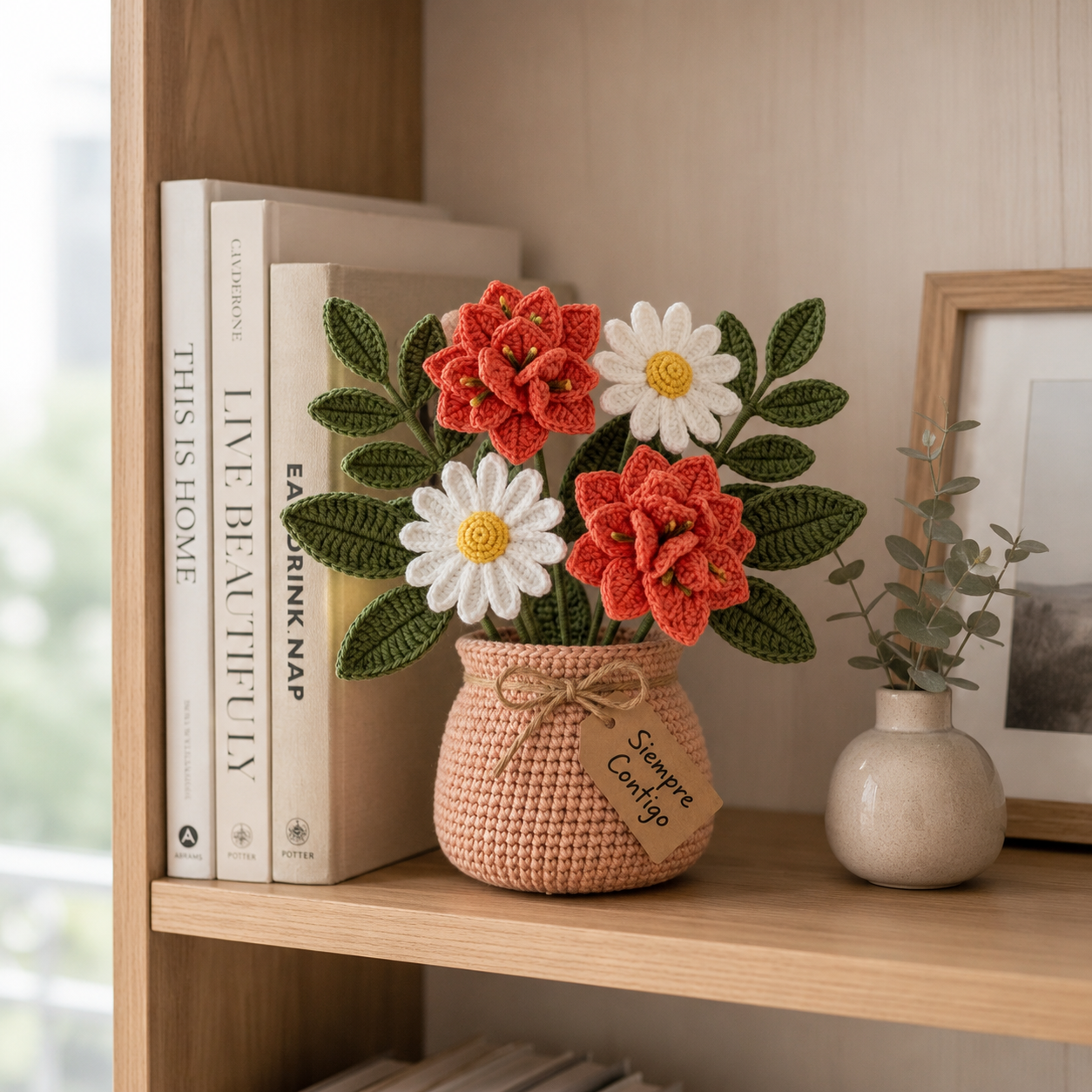 Handmade Crochet Coral Flower and Daisy Bouquet in Pot | Everlasting Floral Decor