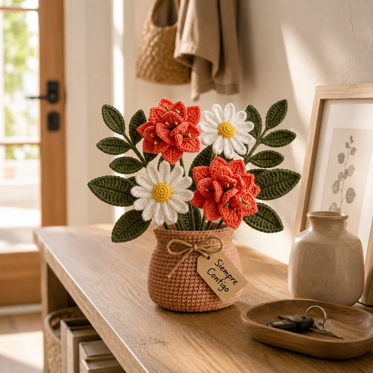 Handmade Crochet Coral Flower and Daisy Bouquet in Pot | Everlasting Floral Decor